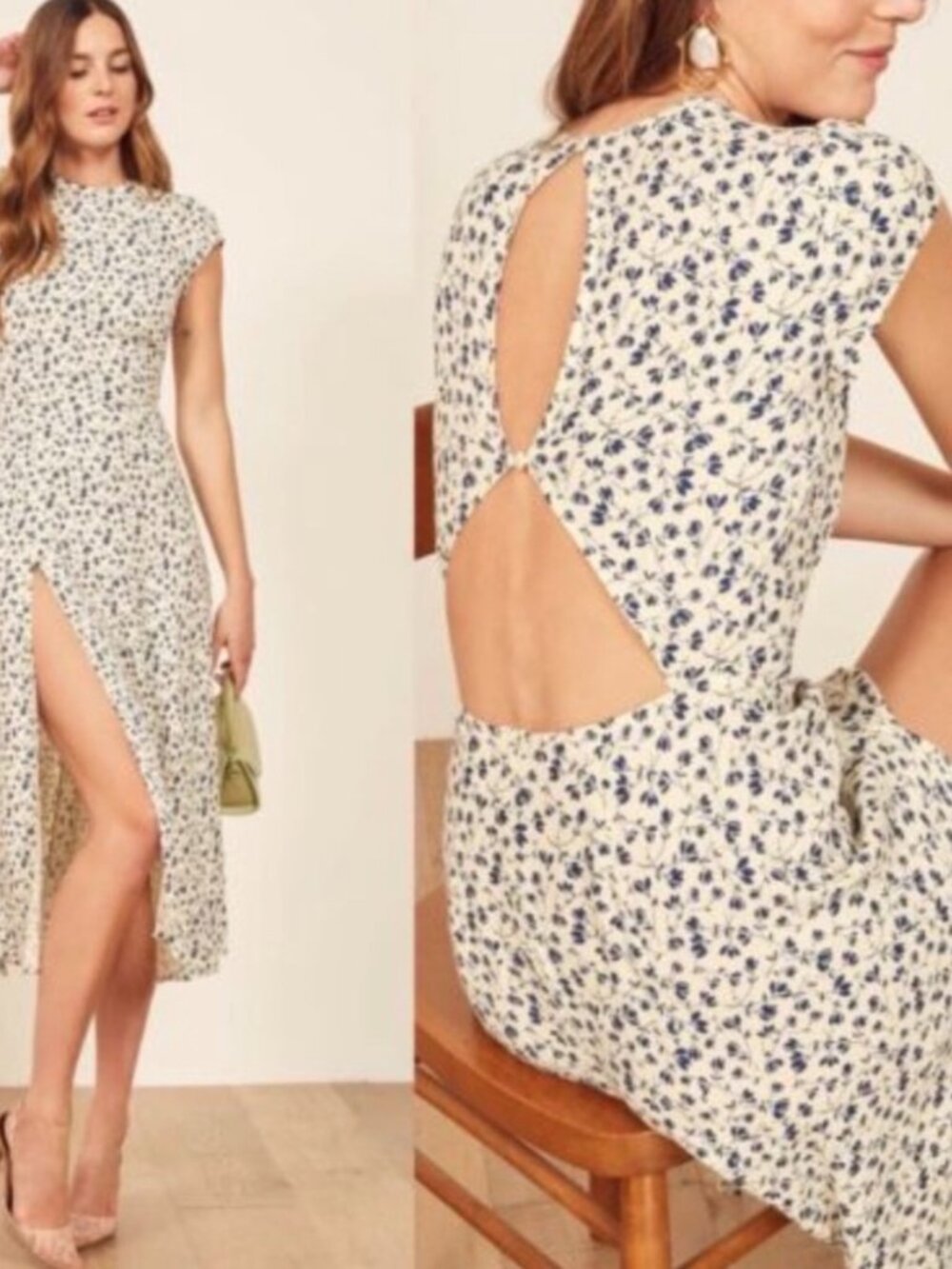 Reformation Gavin Midi Dress in Mykonos-Cream and Blue Floral Print